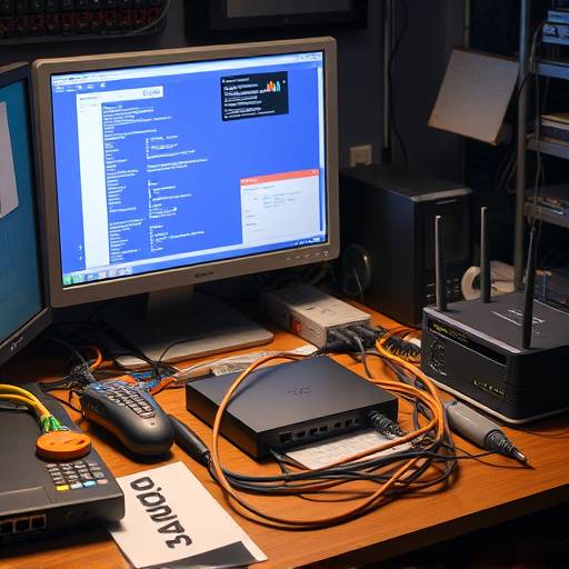 A cluttered desk with network cables, a router, and tools, representing network troubleshooting